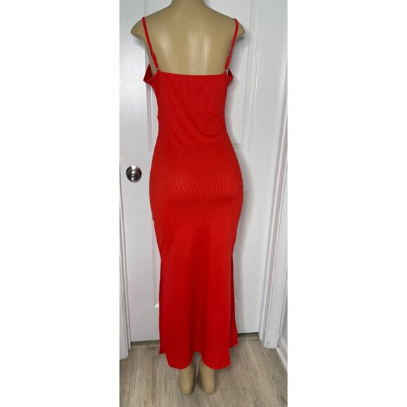 Red Ribbed Cut-Out Halter Midi Dress With Side Slit Adjustable Straps And Tie Fr - Picture 2 of 5